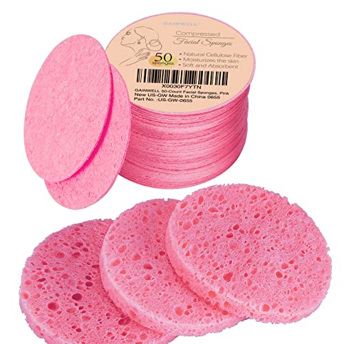 GAINWELL 50-Count Compressed Facial Sponges for Daily Facial Cleansing and Exfoliating, 100％ Natural Cosmetic Spa Sponges for Makeup Remover, Reusable, Pink