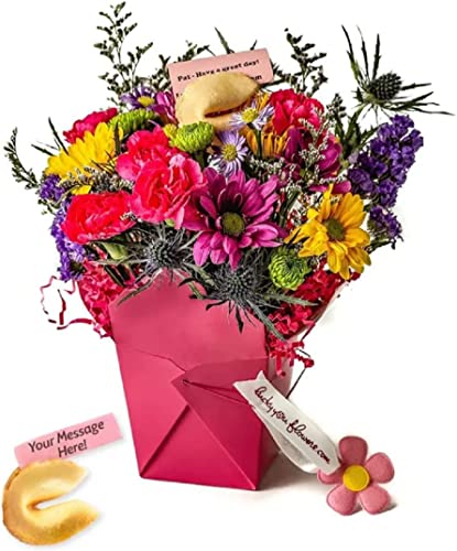 Pretty In Pink Fresh Cut Live Flowers Arranged in a Takeout Container with your Personal Message Tucked Inside a Fortune Cookie