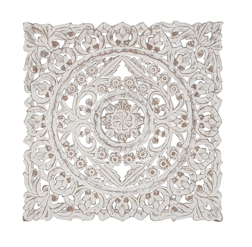 Deco 79 Wooden Floral Handmade Home Decor Intricately Carved Sculpture with Mandala Design, Wall Art 36' x 2' x 36', White
