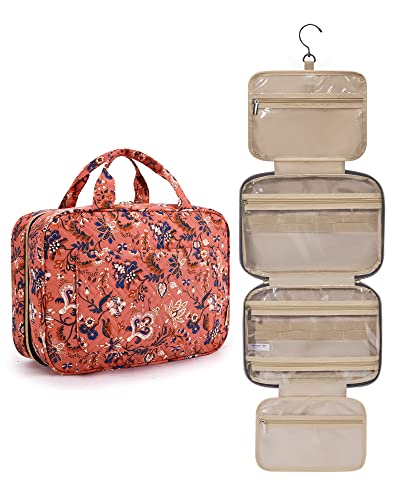 BAGSMART Toiletry Bag Travel Bag with Hanging Hook, Water-resistant Makeup Cosmetic Bag Travel Organizer for Accessories, Shampoo, Full Sized Container, Toiletries (Red Floral, Large)