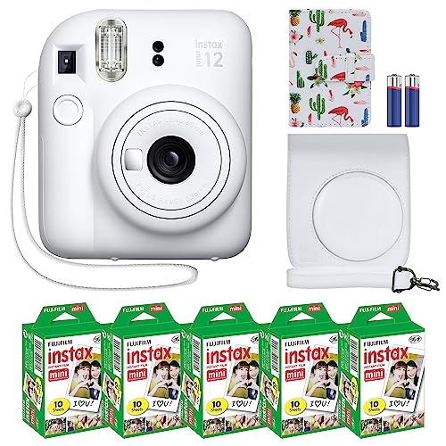 Fujifilm Instax Mini 12 Instant Camera + MiniMate Accessory Bundle & Compatible Custom Case + Fuji Instax Film Value Pack (50 Sheets) Flamingo Designer Photo Album