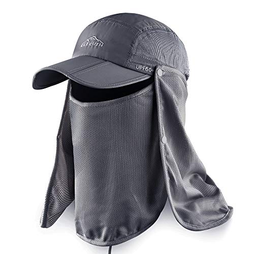ELLEWIN Outdoor Fishing Flap Hat UPF50 Sun Cap Removable Mesh Face Neck Cover, D-grey/ Mesh Neck Cover, M-L-XL