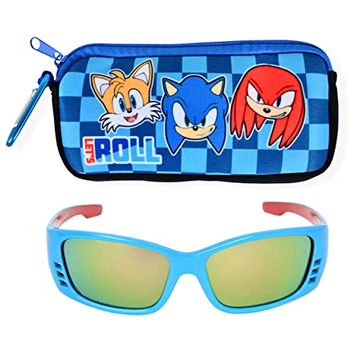 Sonic The Hedgehog Boys Sunglasses For Kids and Glasses Case Set with Carabiner Protective Eyewear for Toddler (Blue)