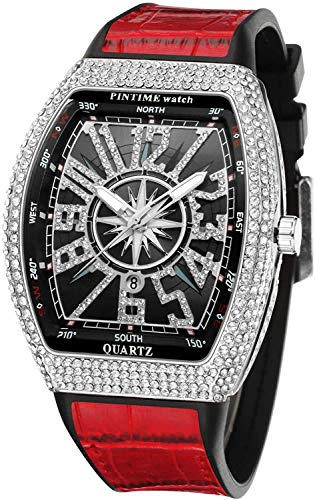 FANMIS Mens Skull Big Face Watches Rectangle Punk Diamond Dial Leather Strap Calendar Quartz Sports Wrist Watch (Silver Red)
