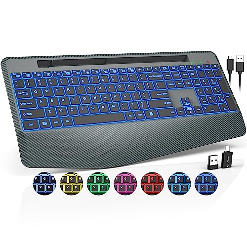 Wireless Keyboard with 7 Colored Backlits, Wrist Rest, Phone Holder, Rechargeable Ergonomic Computer Keyboard with Silent Keys, Full Size Lighted Keyboard for Windows, MacBook, PC, Laptop (Gray)