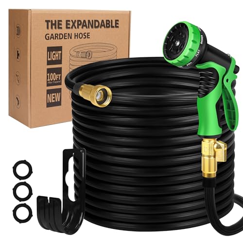 Expandable Garden Hose 100ft Durable Flexible 50 Layers Nano Rubber Lightweight No-Kink Water Pipe 10 Functions Spray Nozzle Water Hose 3/4'' Solid Brass Fittings Easy Storage for Outdoor Yard Black