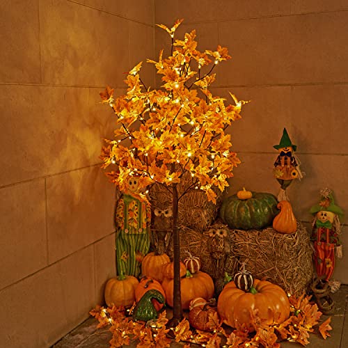 LIGHTSHARE 5FT 96LED Artificial Lighted Maple Tree Warm White Halloween Fall Decorations Indoor Ourdoor, Orange