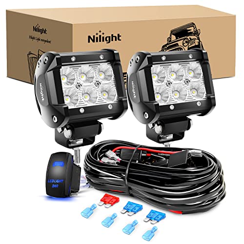 Nilight LED Light Bar 2PCS 18W Flood Off Road Lights 12V 5Pin Rocker Switch Wiring Harness Kit, 2 Years Warranty