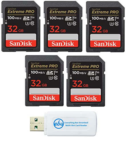 SanDisk 32GB (Five Pack) SD HC Extreme Pro Memory Card works with Digital DSLR Camera SDHC 4K V30 UHS-I (SDSDXXG-032G-GN4IN) with Everything But Stromboli (TM) Combo Reader