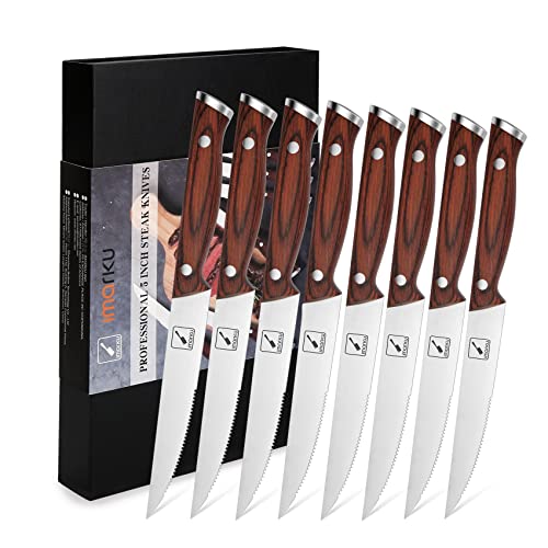 imarku Steak Knives, Serrated Steak Knives Set of 8 with Pakka Wooden Handle, Japanese High Carbon Stainless Steel Steak Knife Set with Gift Box