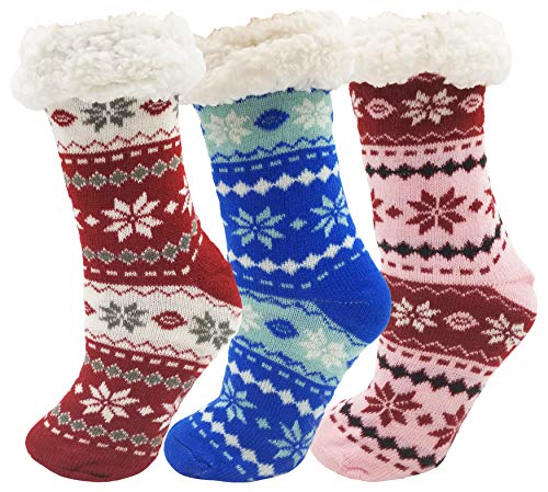 Sherpa Lined Slipper Socks, 3 Pairs for Women, Fluffy Christmas Winter Patterned with Gripper Bottoms, Warm Soft (Fair Isle)