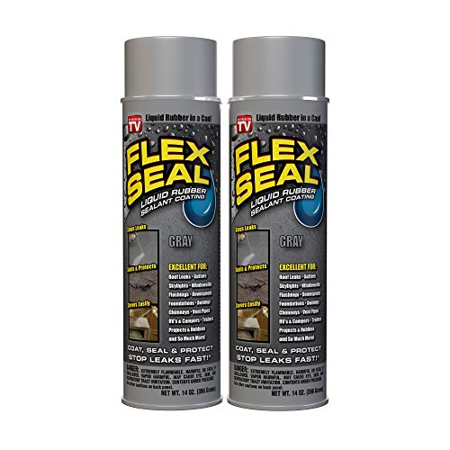 Flex Seal, 14 oz, 2-Pack, Gray, Stop Leaks Instantly, Waterproof Rubber Spray On Sealant Coating, Perfect for Gutters, Wood, RV, Campers, Roof Repair, Skylights, Windows, and More