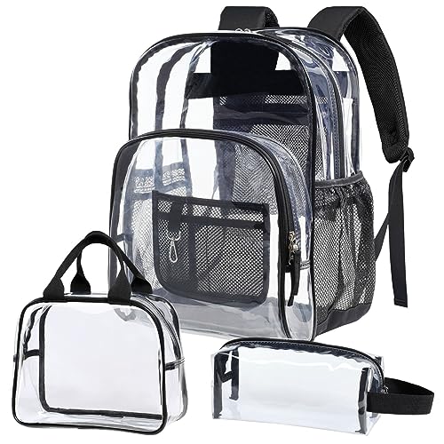 F-color Clear Backpack, Large Clear Backpack Heavy Duty with Lunch Bag Pencil Pouch for Student, Women, Men, School, Work, Travel, Transparent Backpack, Black, 17 inches