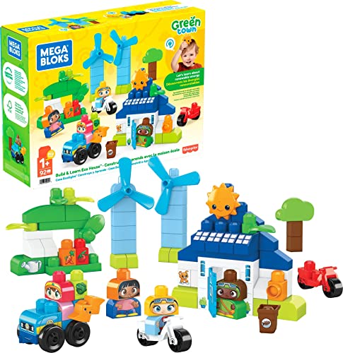 Mega BLOKS Fisher-Price Toddler Building Blocks, Green Town Build & Learn Eco House with 88 Pieces, 4 Figures, Toy Gift Ideas for Kids