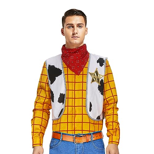 Cowboy Costume Woody Tartan Shirt Men's Lapel T-Shirt Button Down Vest Scarf with Sheriff Badge Halloween Outfits Role Play (Large)