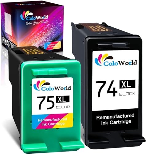 High Yield for HP 74 75 Ink Cartridges Combo Pack Black Color 74XL 75XL Compatible for PhotoSmart C4280 C5280 C4480 C4250 DeskJet D4360 D4260 OfficeJet J5780 Printer