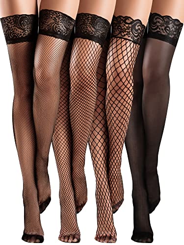 Bencailor 4 Pairs Fishnet Thigh High Stocking Silicone Lace Top Sheer Over Knee Stocking Silky Stockings for Women (Black, Medium)