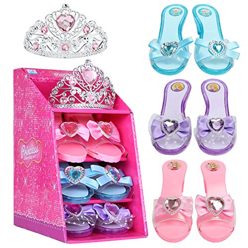 Mastom Girls Play Set! Fashion Princess Dress Up Shoes and Tiara (3 Pairs of Shoes + 1 Tiara) Role Play Collection for Little Girls