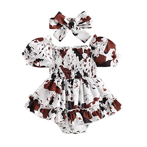 YINGISFITM Infant Baby Girl Bubble Romper Ruffled Dress Cow Print Onesie Summer Dresses Cute Clothes and Headbands (Cow Print Romper,0-6 Months)