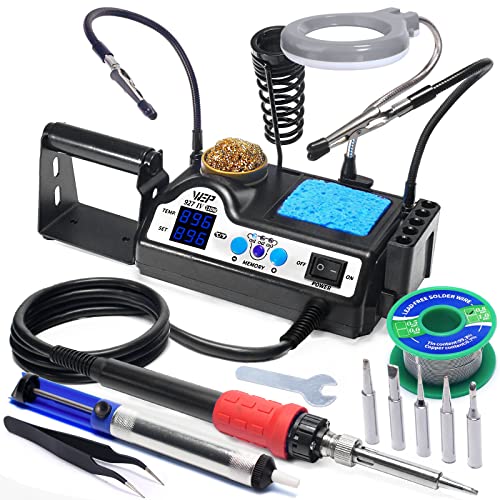 WEP 927-IV Soldering Station Kit High-Power 110W with 3 Preset Channels, Sleep Mode, LED Magnifier, 5 Extra Iron Tips, Tip Cleaner, 2 Helping Hands, Tip Storage Slots, Lead-free Solder Wire, Tweezers
