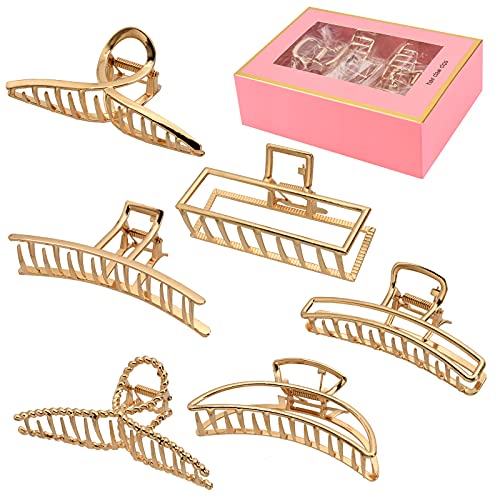 LUKACY 6 Pack Large Metal Hair Claw Clips - 4 Inch Big gold hair clips,Perfect Jaw hair clamps for Women and Thinner,Thick hair styling,Strong Hold Hair,Fashion Hair Accessories (Style 1)