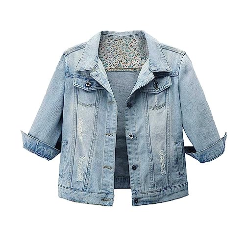 Hixiaohe Women Autumn 3/4 Sleeve Retro Short Denim Jackets Light Blue Jean Coats (Light Blue, XL)