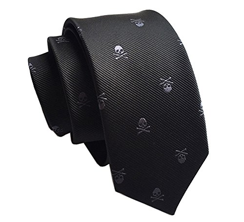 Secdtie Men's Skinny Silk Tie Repp Grey Skull Black Jacquard Woven Necktie KL02