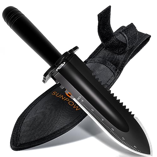 SUNPOW Metal Detector Shovel - Heavy Duty Double Serrated Edge Digger Trowel - Garden Digging Tools with Carrying Sheath - Metal Detector Accessories
