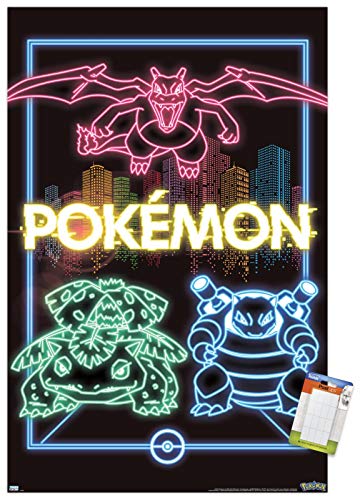 Trends International Pokémon - Neon Group Wall Poster, 22.375' x 34', Poster & Mount Bundle