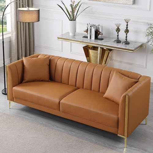 FOTOSOK 78'' Sofa, Modern Leather Couches for Living Room, Comfy, Faux Leather Sofa 3 Seater Sofa with 2 Throw Pillows and Gold Metal Legs, Deep Seat Sofas (Brown)