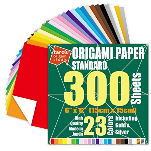 [Taro's Origami Studio] Standard 6 Inch One Sided 23 Colors 300 Sheets Square Easy Fold Premium Japanese Paper for Beginner (Gold and Silver Included)