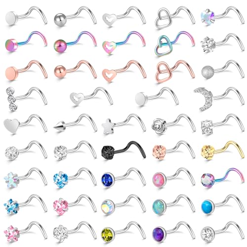 ONESING 44 Pcs 20G Screw Nose Rings Studs Corkscrew Nose Rings for Women Nose Piercings Jewelry Surgical Stainless Steel Moon Star Heart Butterfly Hypoallergenic Body Piercing Jewelry for Women Men