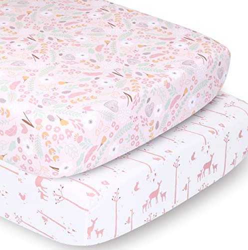 The Peanutshell Crib Sheet Set for Baby Girls | Pink Floral and Woodland Animals | 2 Pack Set