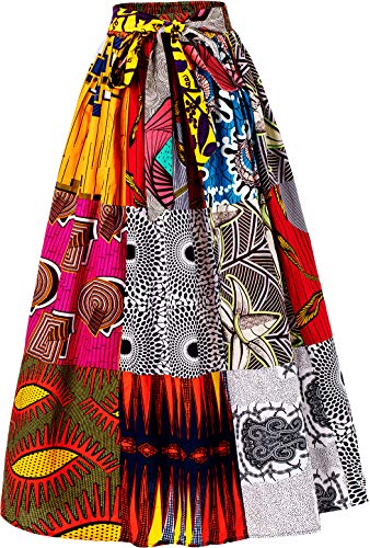 HongyuAmy Women's African Print Elastic Waist A Line Long Maxi Skirt with Pockets (Small-Large, Color A)