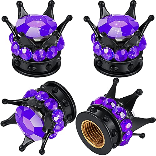 4 Pieces Crown Tire Valve Stem Caps Bling Handmade Crystal Rhinestone Universal Chrome Crown Vehicle Car Tire Caps Covers, Attractive Accessories for Car (Purple and Black)