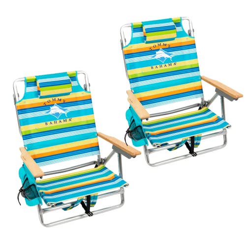 Tommy Bahama Set of 2 5-Position Classic Lay Flat Backpack Beach Chairs with Cooler, Storage Pouch and Towel Bar, Multi