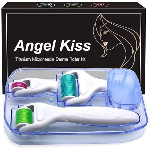 Derma Roller for Face and Body - Angel Kiss 4 in 1 Titanium Microneedling Roller Kit Micro Needle Roller, 300 and 720 Needles 0.25mm,1200 Needles 0.3mm