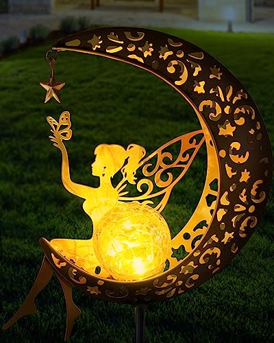 Vuees Solar Garden Statues Outdoor Decor, Fairy Moon Figurine Light Stake, Housewarming Ornament for Patio, Lawn, Yard, Pathway - Unique Gift Ideas for Gardening Mom Grandma