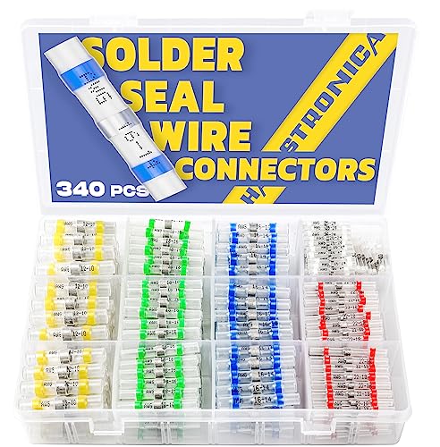 340PCS Solder Seal Wire Connectors-haisstronica Marine Grade Heat Shrink Wire Connectors-Butt Splice Wire Terminals for Marine,Electrical with Corrosion and Weatherproof(5Colors/5Sizes)