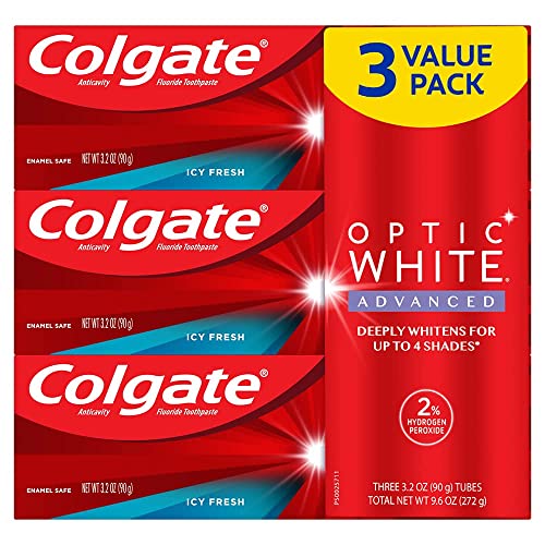 Colgate Optic White Advanced Hydrogen Peroxide Toothpaste Pack, Teeth Whitening Toothpaste, Enamel-Safe Hydrogen Peroxide Formula, Helps Remove Tea, Coffee, and Wine Stains, Icy Fresh, 3 Pack, 3.2 oz