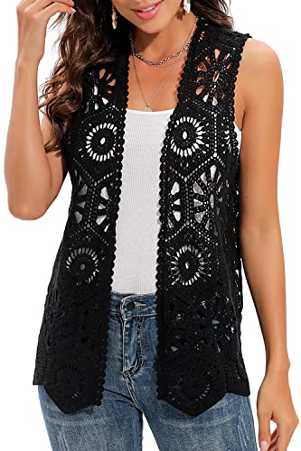 Women's Crochet Vest Sleeveless Boho Lace Cardigan (Geometry Black)