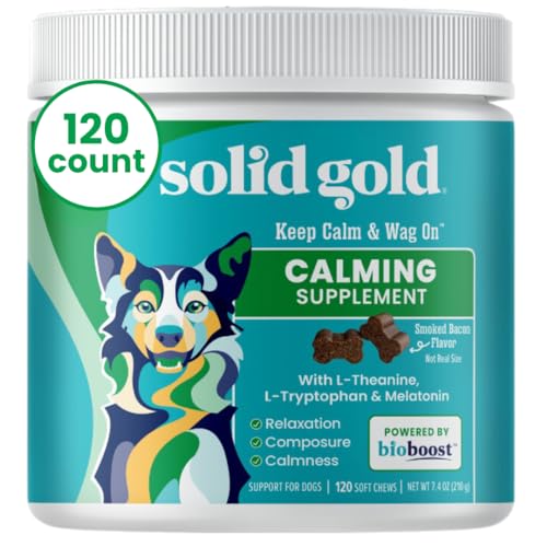 Solid Gold Calming Chews for Dogs - Soothing Snacks for Stress & Dog Anxiety Relief - Melatonin & Valerian Root - Dog Treats for Separation Anxiety Relief & Fireworks for All Breeds & Sizes - 120 Ct