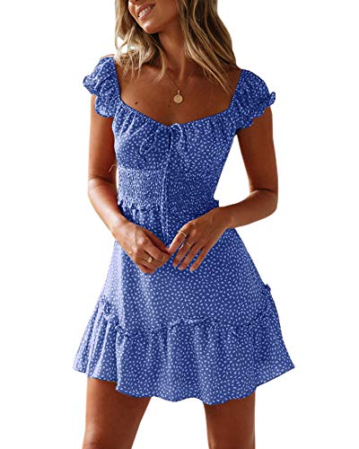 YOBECHO Womens Summer Ruffle Sleeve Sweetheart Neckline Printing Dress Mini Dress Blue