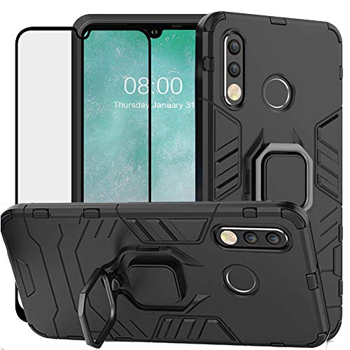 DuoLide for Huawei P30 Lite Case, 2 in 1 Hybrid Heavy Duty Armor Shockproof Defender Kickstand Dual Layer Bumper Hard Back Case Cover Tempered Glass Screen Protector，Black