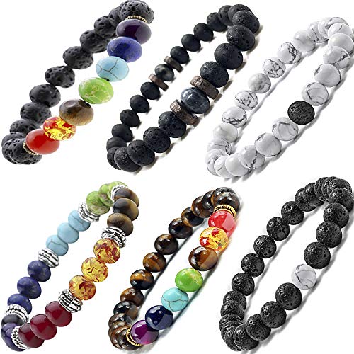 Black Lava Stone 7 Chakra Bracelets, 8mm Yinyang Rock Bead Elastic Natural Gemstones Oil Diffuser Yoga Menditation Beads Bracelets for Men Women Girls Jewelry (6pcs)