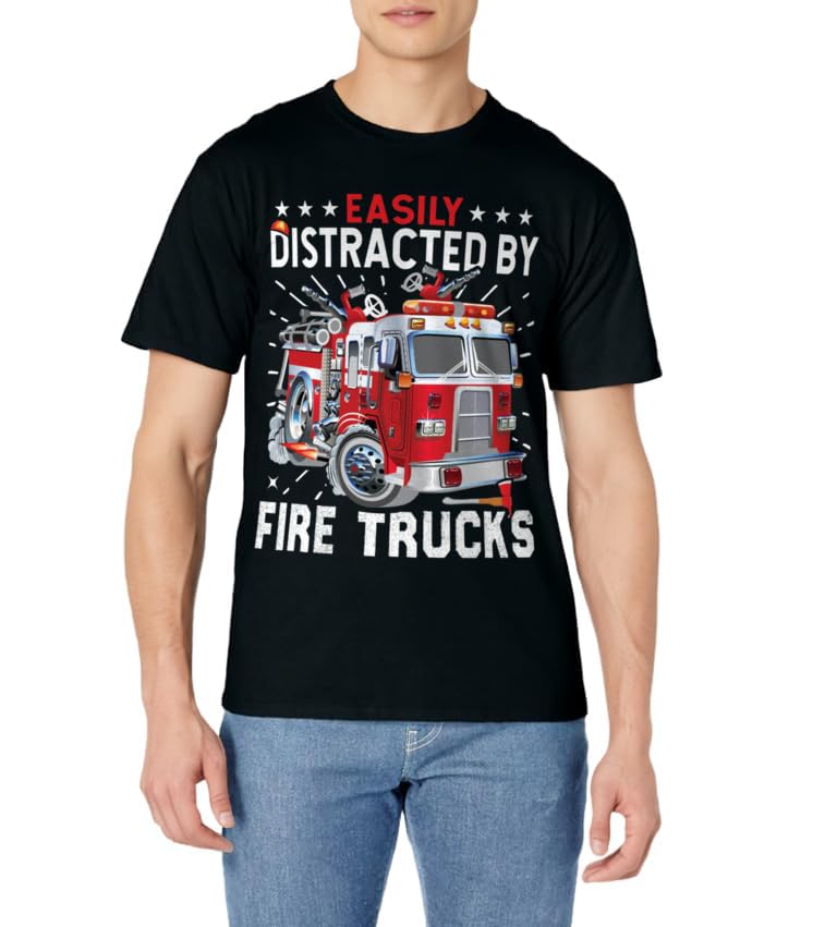 Firefighters Easily Distracted By Fire Trucks Men Boys Kids T-Shirt