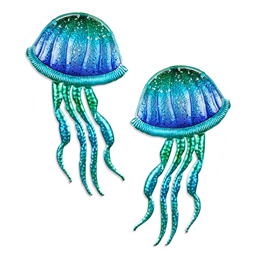 LIFFY Metal Jellyfish Wall Decor - Ocean Tropical Fish Wall Art - Glass Metal Fish Wall Decor for Pool, Beach, Bathroom, Living Room, Bedroom - 15inch, 2Pcs