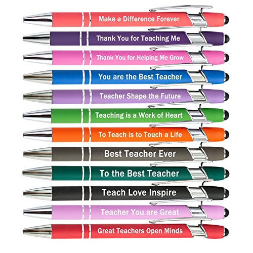 PASISIBICK 12 Pieces Greeting Teacher Ballpoint Pens with Stylus Tip, Thanks Teacher Touch Pens with Thanks Words Teacher Valentine Appreciation Gift