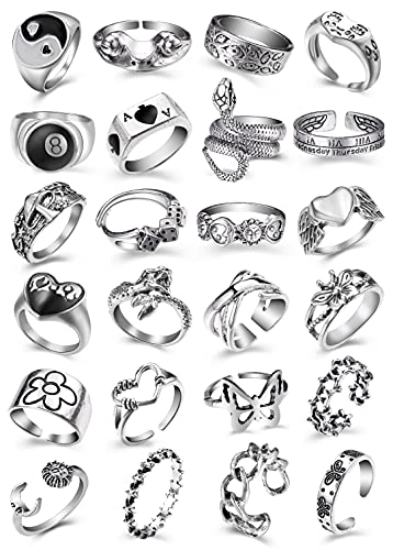 Vintage Silver Open Punk Rings for Men Women, 24PCS Adjustable Rings, Alt Rings, Chunky Silver Rings, Bulky Rings, Hippie Rings ,Cool Gothic Ring,Statement Stacking Ring, Skull Snake Star Flower Heart