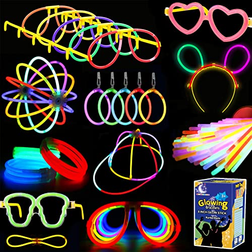 KarberDark Glowstick, (609 Pcs Total) 240 Glow Sticks Bulk 7 Colour and Connectors for Caps Bracelets Necklaces Balls Eyeglasses and More, Light up Toy Glow in The Dark Stick for Kid Party Birthday